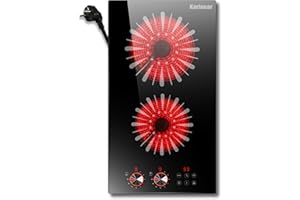 Karinear Glaskeramikkochfeld 2 Platten mit Stecker, Keramik-Kochfeld 2 Zonen Einbau, Herdplatte 2 Kochfelder mit Touch- und Knopf-Steuerung Timer, Kindersicherung, Pause, 3000W, 220-240V