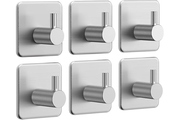 Auxmir 6 Pièces Crochet Adhésif Mural, Porte Serviette Salle de Bains, Accrochet Torchon En Acier Inox Étanche Cuisine, Crochet Autocollant Antirouille sans Percer, Argent