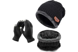 HHOOMY Winter Knit Beanie Hat Neck Warmer Scarf and Touch Screen Gloves Set Fleece Lined Skull Cap for Men Women