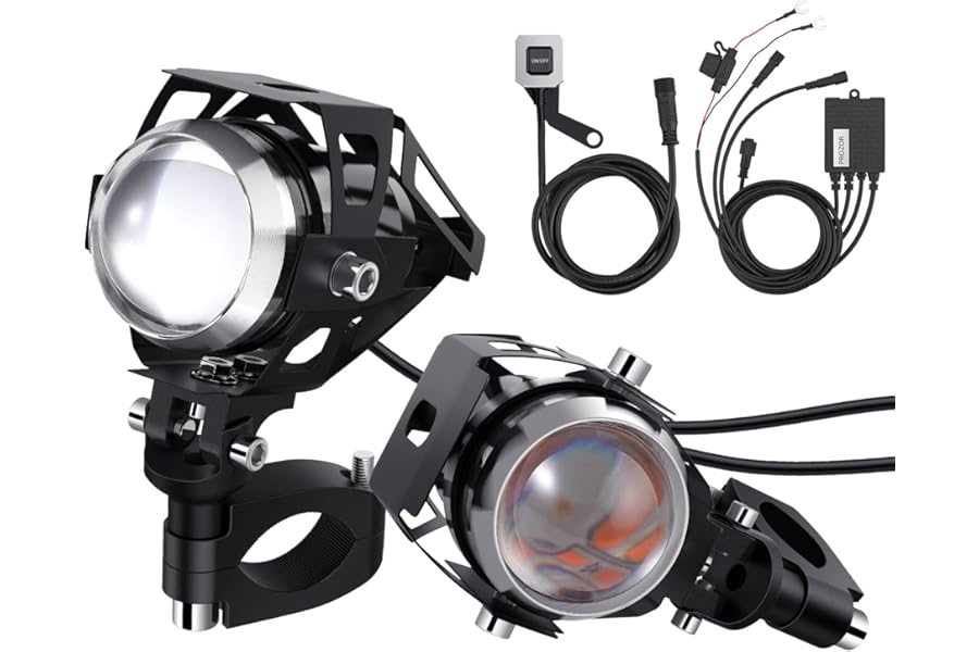PROZOR Motorcycle Spotlights 2PCS - U5 Motorbike LED Headlights with Cables and ON/OFF Switch 3000 Lumen, 360° Adjustable, IP65 Waterproof Fog Headlights for 12/24V Vehicle