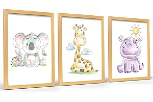 Milaboo® Póster para habitación infantil de animales, fabricado en Alemania, DIN A4, bellas imágenes para habitación de bebé, decoración de pared para niños (juego de 3 animales, 1)