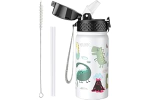 OLDLEY Botella Agua Aislada Acero Inoxidable para Niños 420ml/14oz con Pajita Reutilizable Aspiradora Metal Prueba Fugas Mantenga las Bebidas Calientes y Frías para Escuela (Dinosaurio Blanco)