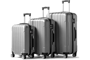 Karlhome Set of 3 Suitcase Set, Luggage Sets with 4 Rolling Spinner Wheels TSA Lock, Lightweight Hardside Carry On or Check in Trolley Travel Case, Silver Grey ABS Hard Shell
