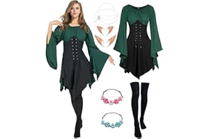 VELMAWIG Mittelalter Renaissance Kostüme Kleid Damen Trompetenärmel Gothic Retro Kleidung Karneval Kostüm Piraten Elfen Cosplay Outfit mit Elfenohren Haarschmuck Overknee Socken für Fasching Halloween