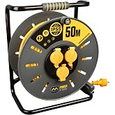 Masterplug Pro-XT Cable Reel 50 m, Extension Plug IP55, Electrical Extension 3 Schuko Outlets, Extension Professional Plug 3