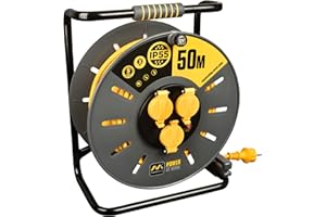 Masterplug Pro-XT Enrollacable 50m, Alargador Enchufe IP55, Extensión Eléctrica 3 Tomas Schuko, Alargo Enchufe Profesional 3x1,5mm2