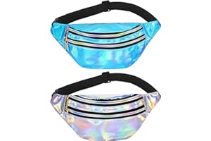 Gosure Holographic Waist Bag 2 Pack Bumbag Waist Bag,Running Waist Fanny Pack for Men Women, Adjustable Belt Waist Packs for Rave Sport Hiking Travel (02 Blue, Silver)