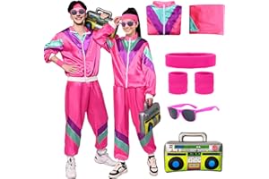 HARNYLOOM Disfraces Años 80 Hombre Mujer Disfraz Chándal Adulta con Chaqueta Pantalón Gafas Traje Retro con Diadema Muñequeras y Radio Hinchable Para Carnaval y Fiesta Temática