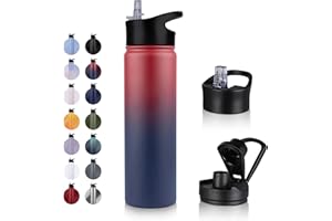 UMBFUN Edelstahl Trinkflasche - 750ml - mit Strohhalm,Auslaufsicher,Kohlensäure Geeignet,BPA frei Thermosflasche(+2 Deckel) Vakuum Doppelwandisolierung für Sport,Reisen,Camping,Schule,Fahrrad,Gym