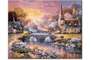 TISHIRON Sunset Peinture par Numéros pour Adultes,Peinture à l’huile sur Toile Avec Pinceaux et Pigments Acryliques,Maison et Pont Peinture par Numéros pour Adultes,Sans Flamme Peinture Par Numéros 16X20Pouces