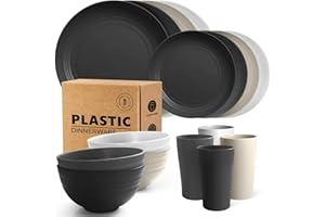 Teivio 16-Piece Kitchen Plastic Dinner Set, Service for 4, Dinner Plates, Dessert Plates, Cereal Bowls, Cups, Unbreakable Plastic Plates and Bowls Set, Outdoor Camping Dishes, Stone