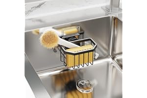TAILI kitchen Sink Caddy,Dish Sponge Holder for Kitchen sink with Strong Sucion,kitchen Organizer for Sponge,Brush,Stopper and Scraper,Removable,Rustproof,Keep Sink Tidy-Black