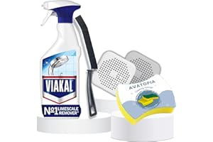 AVATOPIA Vikal Limescale Remover Spray 500ml with Bathroom Cleaning Sponge, Crevice Cleaning Brush and 2 Silicone Shower Hair Catchers | Limescale Remover Bathroom, Kitchen, Shower Cleaner, Bathroom Essentials