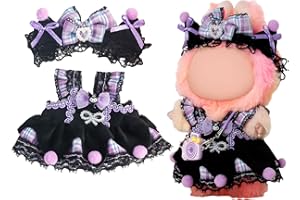 Chritice 3 Stück Puppenkleidungs Set für Puppe,Kompatibel mit Labubu,Violett Schwarz Kleine Schleifenhaube,Trägerkleid & Kamera Puppenzubehör Vinyl Plüschtier Niedlich Outfit Accessoires für Puppen