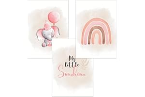 FAVELOT Poster Kinderzimmer Mädchen A4 - Regenbogen, Elefant, Aquarell Rosa - Bilder Babyzimmer Deko - Deutscher Premium-Druck - 3er Set Din A4