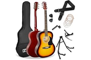 3rd Avenue Zestaw pełnowymiarowej (4/4) gitary akustycznej, dla początkujących – z futerałem, kostkami i zapasowymi strunami, stojakiem, paskiem, kapodastrem – w kolorze sunburst