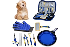 Onherm 8pcs Kit de Toilettage pour Chien et Chat, Brosse et Gant Brosse, Coupe Ongle et Lime Chien Chat, Ciseaux und Peigne en Acier Inoxydable, Brosse a Dent et Gamelle Pliable pour Chien