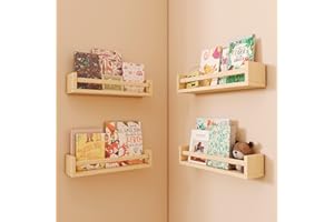 CRAZYMOTO Nursery Shelves, Floating Bookshelves for Wall Set of 4, Baby Nursery Decor, Solid Wood Wall Mounted Shelves for Books (Natural Wood)