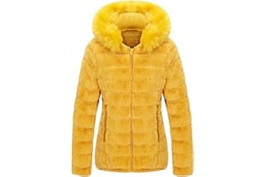 Giolshon Giubbotto Donna Reversibile in Eco Pile, Piumino Corto Invernale con Cappuccio e Collo in Pelliccia