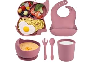 Domueay Baby Weaning Set, 6 Pcs Silicone Feeding Set with Suction Plates Bowl Cup Bibs Spoon Fork First Meal Tableware Set for Babies Toddlers, Cutlery Sets Soft BPA Free for Kid Girl, Pink Elephant