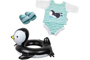Heless 11 - Penguin Polka Dot Swimming Set 4 Pieces with Swim Outfit, Slippers and Swimming Ring, Size Approx 35-45 cm, for Bath Fun on Hot Summer Days