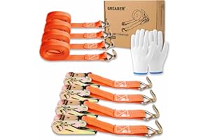 GREABER Ratchet Straps (4-Pack) with 1x Work Gloves, 1000kg Break Strength, 5m x 2.5cm Heavy Duty Tie Down Strap Set with Metal Hooks for Trucks,Moving,Motorcycles,Trailer,Cargo (Orange)
