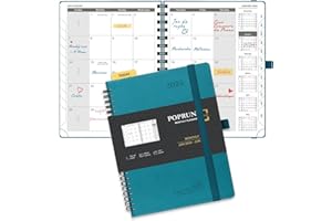POPRUN Agenda 2024 2025 Mensuel Spirale 22 x 16,5cm - De jan. 2024 à juin 2025 avec Couverture Souple en PU Cuir, Poche pliable, Porte-stylo autocollant, Papier Certifié FSC®100 g/m² - Pacifique Vert
