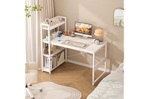 Office Table Gaming Table with 3-Tier Convertible Bookshelf,Computer Table with Carbon Fiber Surface, X-Brace Support for Home Office White)
