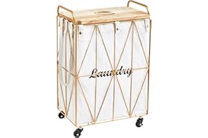 Mxfurhawa Iron Wire Laundry Hamper With Rolling Lockable Wheels, Folding Laundry Storage Basket with Handles,Liner, Collapsible Dirty Laundry Hamper Cart Sorter Clothes Basket (81-Glod)