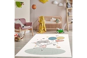 payé Teppich Kinderzimmer - Cream - 120x160 cm - Spielteppich Luftballon Herz fröhliches Mädchen Kurzflor Kinderteppich - Oeko-Tex Standard 100