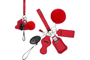 REZIME Keyring Keychain Set for Women Girls with Personal Alarm, Lipstick Holder, Travel Bottle, Bottle Holder, Pom Pom, Tassel and Wristlet, Alarm with Flashlight (Red)