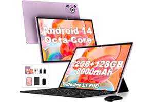 DGHRTI 2025 Newest Tablet 10 Pulgadas Android 14, 22(6+16)GB+128GB ROM/TF 2TB, 8000mAh, Control Parental, 8-Cores, GPS, Face ID, Widevine L1, BT5.0, 8MP+5MP, WIFI 6, Tablet con Funda Teclado+Ratón-Violeta