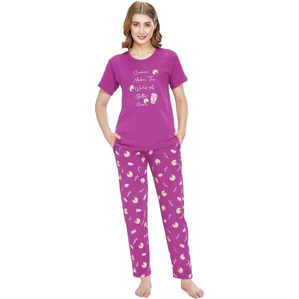 Zeyo Women's 3-Piece Cotton Heart Print Night Suit Pajama Set | Soft & Comfortable Sleepwear - View #11
