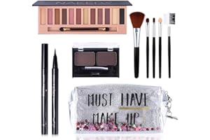 QIBEST All in One Makeup Gift Set -12 Colors Eyeshadow Palette + Waterproof Black Eyeliner Pencil + Duo Pressed Eyebrow Powder Kit + 5 Brushes and Quicksand Silver Cosmetic Bag