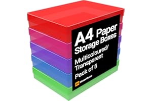 WestonBoxes A4 Colourful Transparent Plastic Craft Storage Boxes with Lids for Art Supplies, Paper and Card (Multicoloured / Transparent, Pack of 5)