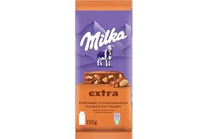‎MILKA Milka Extra Karamell-Salz-Mandel – Alpenmilch-Schokolade mit Karamellstückchen– Mandeln und einer Prise Salz – 190g