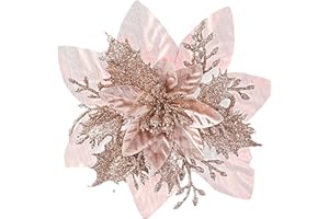 Xmastell 15 Stück Poinsettia Künstliche Blumen Dekorationen, Glitter Weihnachtsblumen Ornamente, Weihnachtsbaum Dekorationen Blumen, mit Clips für Weihnachten/Kranz/Girande Dekor, Rosegold
