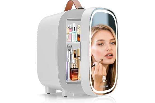 Enventor Mini Frigo 4L/6 canettes, Petit Réfrigérateurs pour soins de la peau avec miroir lumineux LED, CA + 12V CC, refroidisseur et réchauffeur, pour chambres, voiture, cosmétiques, blanc