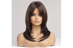 EMMOR Marrón con Rubio Resaltar Pelucas para Mujeres Peluca de Hombro Largo con Bangs Pelo Sintético Capas Pelucas Fibra Resistente al Calor Natural y Realista