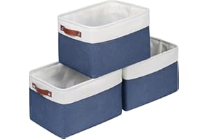 Syeeiex Fabric Rectangular Storage Basket, Large Fabric Storage Basket for Organizing Home Office, Foldable Rectangular Storage Box with Thick Handles Bedroom, Blue, 3 Pack