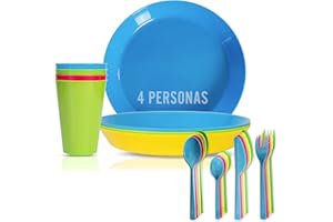 Mypicompany. Lot de 4 assiettes en plastique dur réutilisables + 4 verres + couverts de camping pour 4 personnes. Passe au micro-ondes et au lave-vaisselle. Accessoires sans BPA.