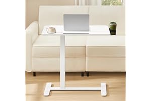 VASAGLE Overbed Table with Wheels, Small Standing Desk, 80 x 45 cm Tabletop, Adjustable Height, 2 Cup Holders, Phone and Tablet Slot, Cloud White LSD601W01