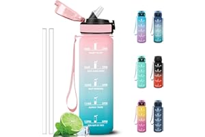 Grsta Borraccia 1 litro, Borracce con Cannuccia, Facile da Pulire, Senza Perdite Borraccia Palestra con Indicatore del Tempo, Bottiglia Motivazionale per Campeggio, Bicicletta, Fitness