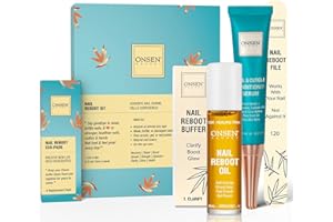 Onsen Secret Complete Nail Reboot Kit w/Cuticle Oil 10ml, Nail File 120/180 Grit Double Sided, A 3-Way Nail Buffer Block & Cuticle Serum-15ml w/Nail Oil in Action-Super Value Pack