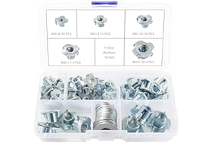 Lyeteung 42 Pièces M4/M5/M6/M8/M10 Écrous en T à Dents Kit, Ecrous en T 4 Griffes, T-Nuts Inserts Filetés, avec 19 Pièces Rondelles, pour Bois, Armoire, Meubles