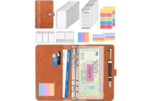 JEJA Agenda Con Buste Porta Soldi, A6 PU Raccoglitore soldi di bilancio Con Foglio di Bilancio Delle Spese, Buste Trasparenti a Cerniera, Etichette Colorate (Marrone)