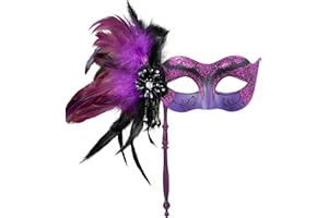 MYSEUNI 2024 New Masquerade Mask for Women with Stick - Shiny Women's Feather Mardi Gras Venetian Mask for Costume Accessory