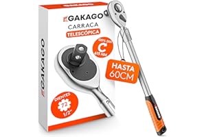 Gakago Carraca telescópica de 1/2" pulgada hasta 60 cm - Carraca reversible extra larga con mango ergonómico - Potencia superior con más de 615 Nm y engranajes precisos de 72 dientes finos