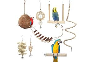 RZMZBY 7 Stück Wellensittich Spielzeug, Wellensittich Zubehör,Kokosnuss Vögel Käfig mit Leiter Kauspielzeug aus Naturholz Hängematte Wellensittich Spielzeug für Kakadus,Käfigspielzeug, Conures,Finken