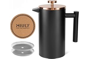 MAXMIULY Caffettiera French Press 1L, a doppia parete, in acciaio inox, 6 tazze, disponibile in 350 ml, 1000 ml con filtro filtro, sottobicchiere, nero e oro